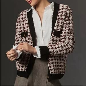 Maeve Anthropologie Maroon Houndstooth Chunky Soft Knit Sweater Cardigan Small